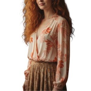 EAC Melon Orange Floral Criss Cross Front Long Sleeve Blouse Size S